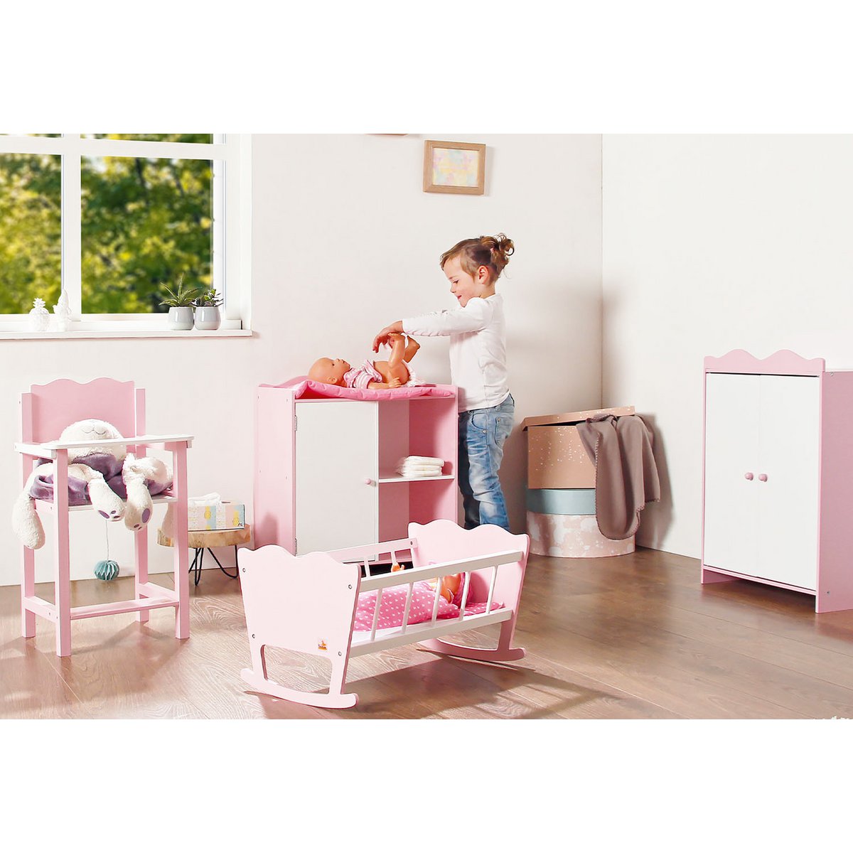 Poppenwieg “Jasmin” – Inclusief 3-delig Beddengoed, Roze/Wit | Pinolino®
