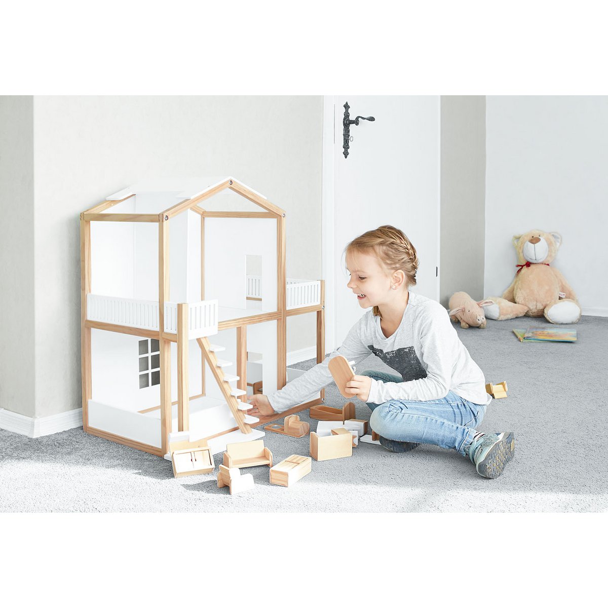 Pinolino Poppenhuis “Ida” – Houten Poppenhuis met 2 Verdiepingen & Balkon | Wit