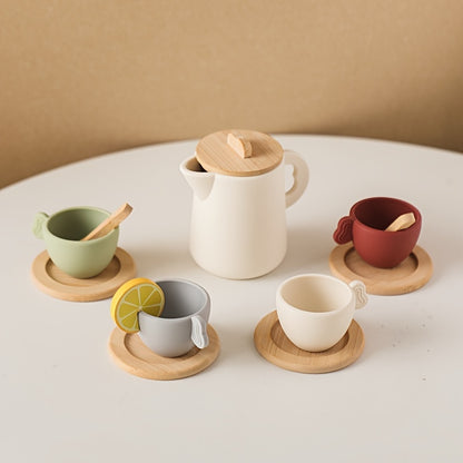 Houten Theeset met Mini Siliconen Kopjes & Pot