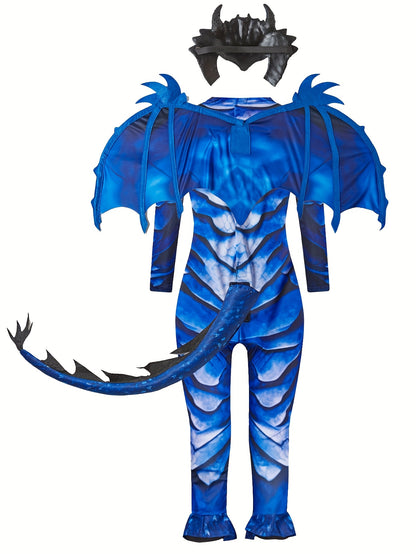 Blauw Draak Verkleedpak voor Kinderen – Jumpsuit met Vleugels, Staart & Hoofdstuk