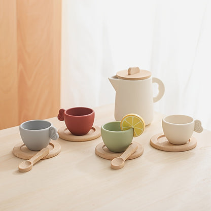 Houten Theeset met Mini Siliconen Kopjes & Pot