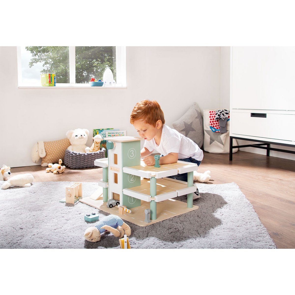 Pinolino Parkeergarage “Kurt” – Houten Speelgarage met 3 Verdiepingen, Lift & Accessoires | FSC®-gecertificeerd