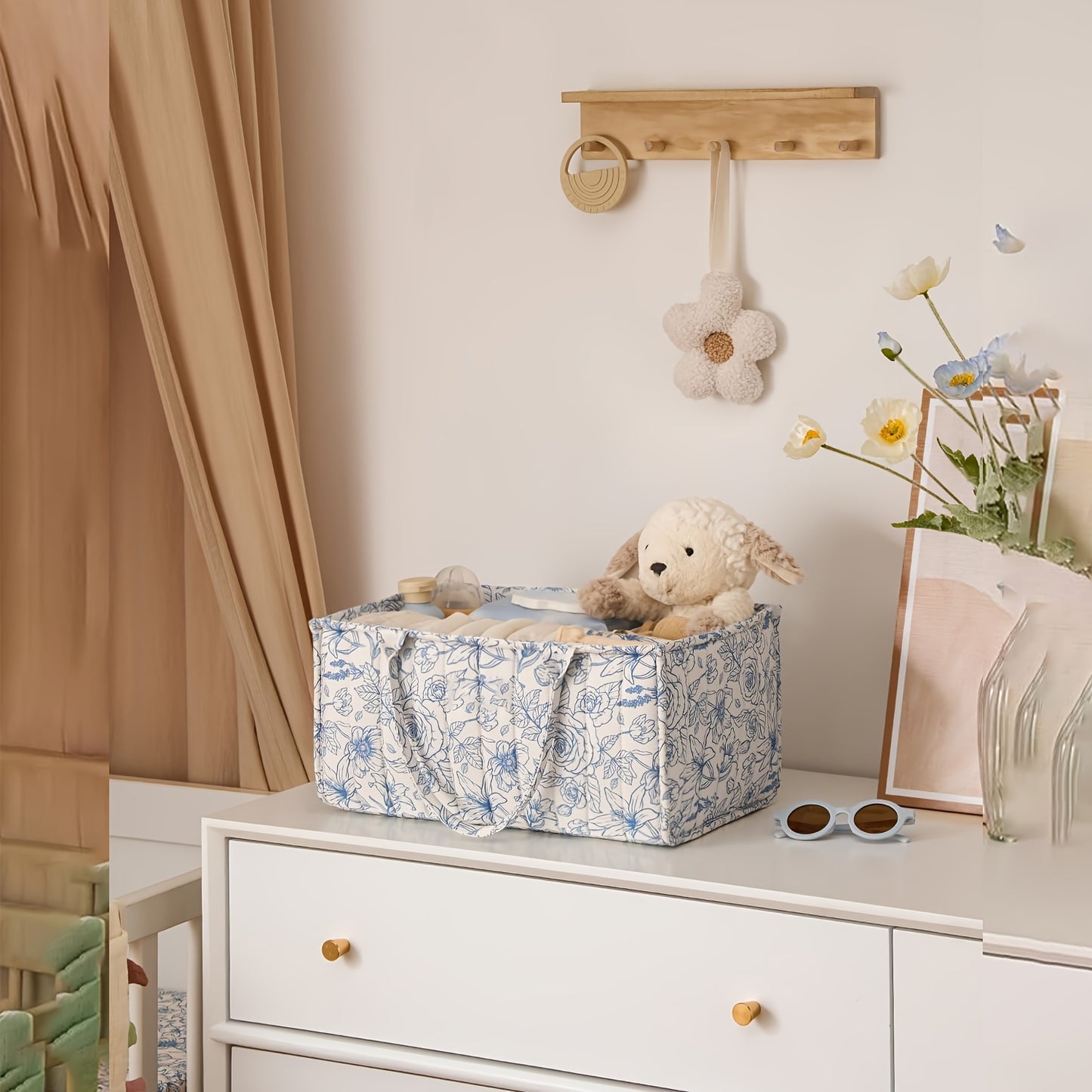 Opbergmand met Handvatten – Chic Blauw & Roze Patroon