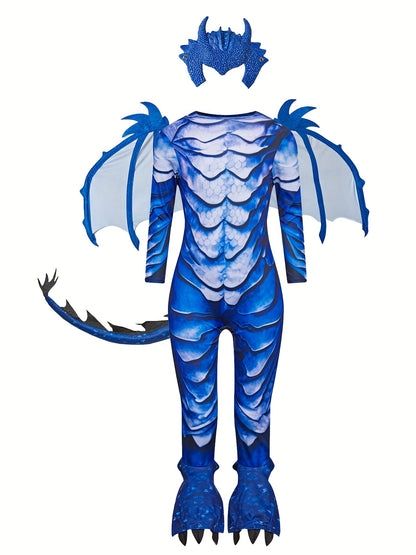 Blauw Draak Verkleedpak voor Kinderen – Jumpsuit met Vleugels, Staart & Hoofdstuk