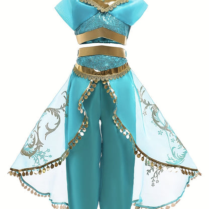 Meisjes Halloween Buikdans Prinsessenjurk – Korte Mouw met Bloemenpatroon & Pailletten