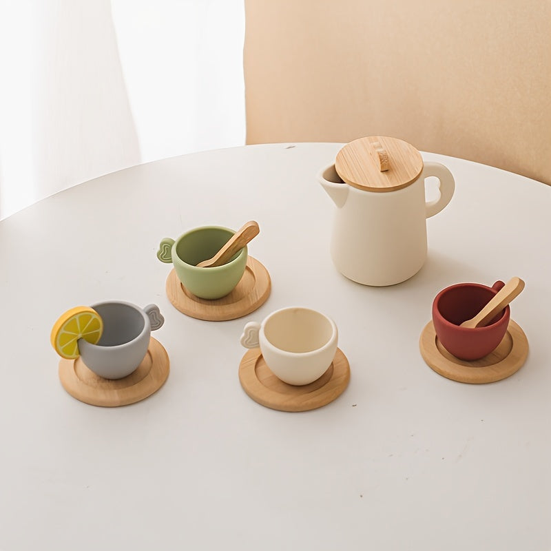 Houten Theeset met Mini Siliconen Kopjes & Pot