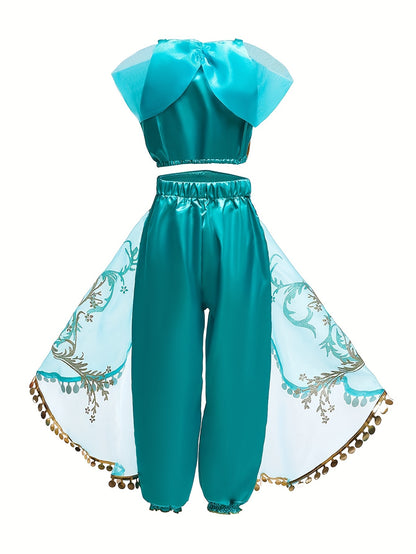 Meisjes Halloween Buikdans Prinsessenjurk – Korte Mouw met Bloemenpatroon & Pailletten