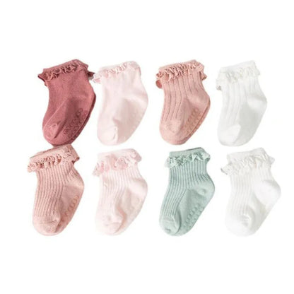 Set van 4 Paar Baby- & Kinder Sokken – Antislip, Katoen, Effen Kleuren | Herfst & Winter