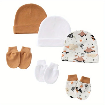 Set van 3 Baby Muts & Wantjes – Katoen, Cartoon Print | Unisex Newborn Cadeauset