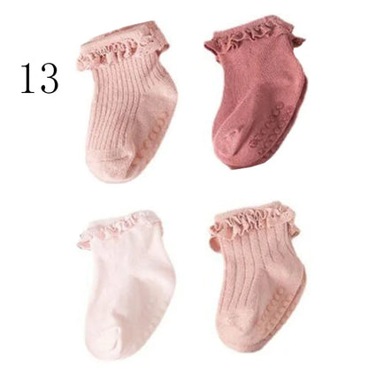 4 Paar Antislip Babysokken – Zachte Katoenen Sokjes in Effen Kleuren