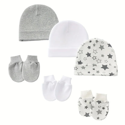 Set van 3 Baby Muts & Wantjes – Katoen, Cartoon Print | Unisex Newborn Cadeauset