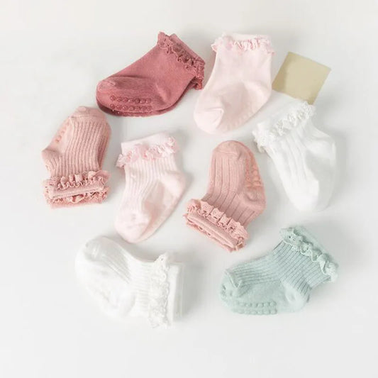 4 Paar Antislip Babysokken – Zachte Katoenen Sokjes in Effen Kleuren