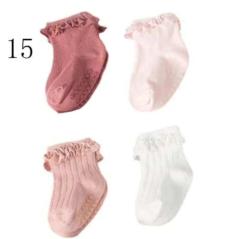4 Paar Antislip Babysokken – Zachte Katoenen Sokjes in Effen Kleuren