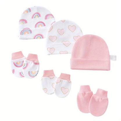 Set van 3 Baby Muts & Wantjes – Katoen, Cartoon Print | Unisex Newborn Cadeauset