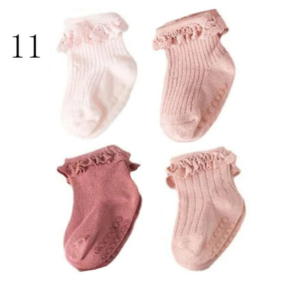 4 Paar Antislip Babysokken – Zachte Katoenen Sokjes in Effen Kleuren