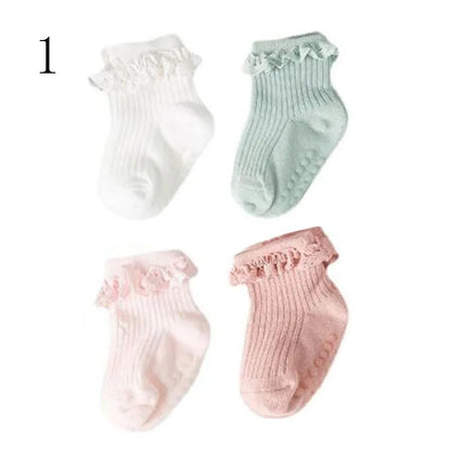 4 Paar Antislip Babysokken – Zachte Katoenen Sokjes in Effen Kleuren