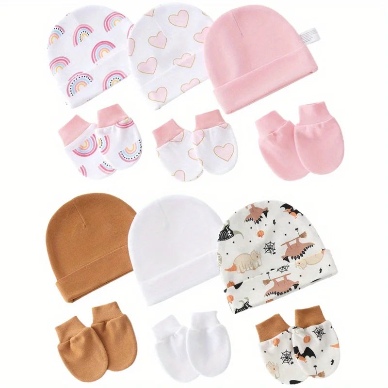 Set van 3 Baby Muts & Wantjes – Katoen, Cartoon Print | Unisex Newborn Cadeauset