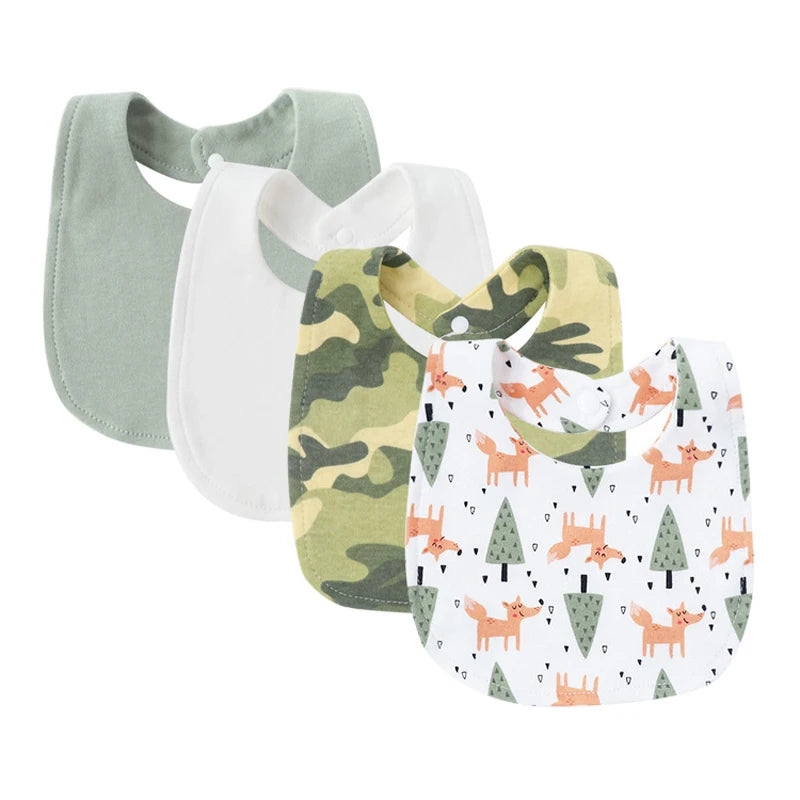 Set van 4 Baby Slabbetjes – Cartoon Design, Katoen | Slab & Spuugdoek