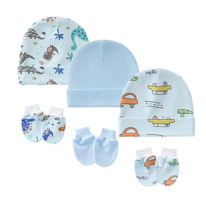 Set van 3 Baby Muts & Wantjes – Katoen, Cartoon Print | Unisex Newborn Cadeauset