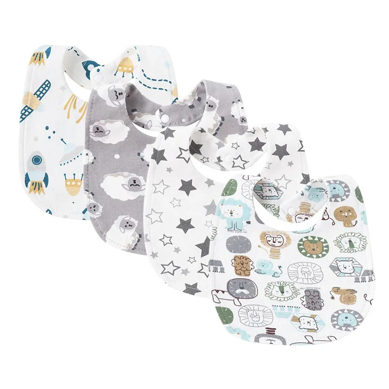 Set van 4 Baby Slabbetjes – Cartoon Design, Katoen | Slab & Spuugdoek