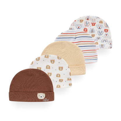 Kiddiezoom® Set van 5 Baby Mutsjes – 100% Katoen | 0–6 mnd Unisex