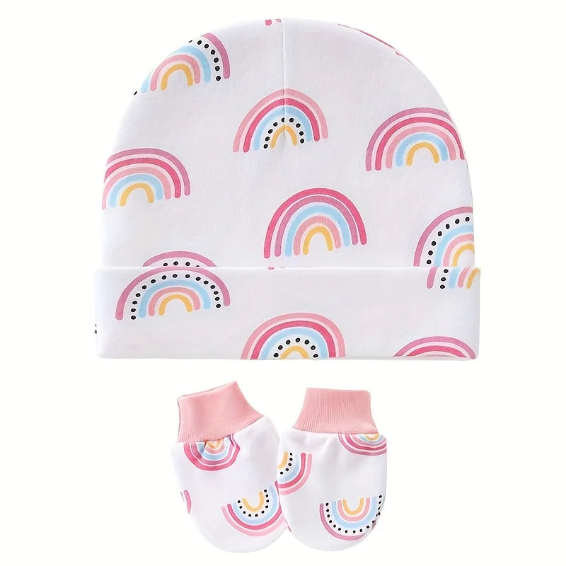 Set van 3 Baby Muts & Wantjes – Katoen, Cartoon Print | Unisex Newborn Cadeauset