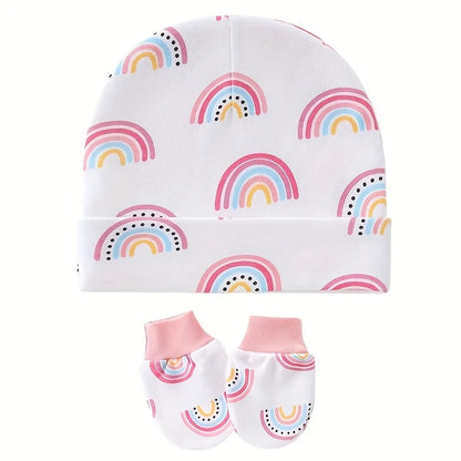 Set van 3 Baby Muts & Wantjes – Katoen, Cartoon Print | Unisex Newborn Cadeauset