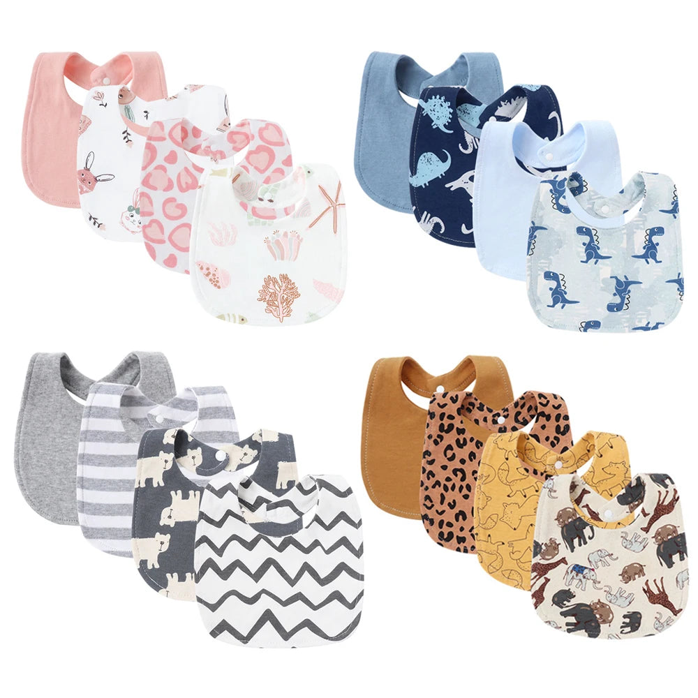 Set van 4 Baby Slabbetjes – Cartoon Design, Katoen | Slab & Spuugdoek