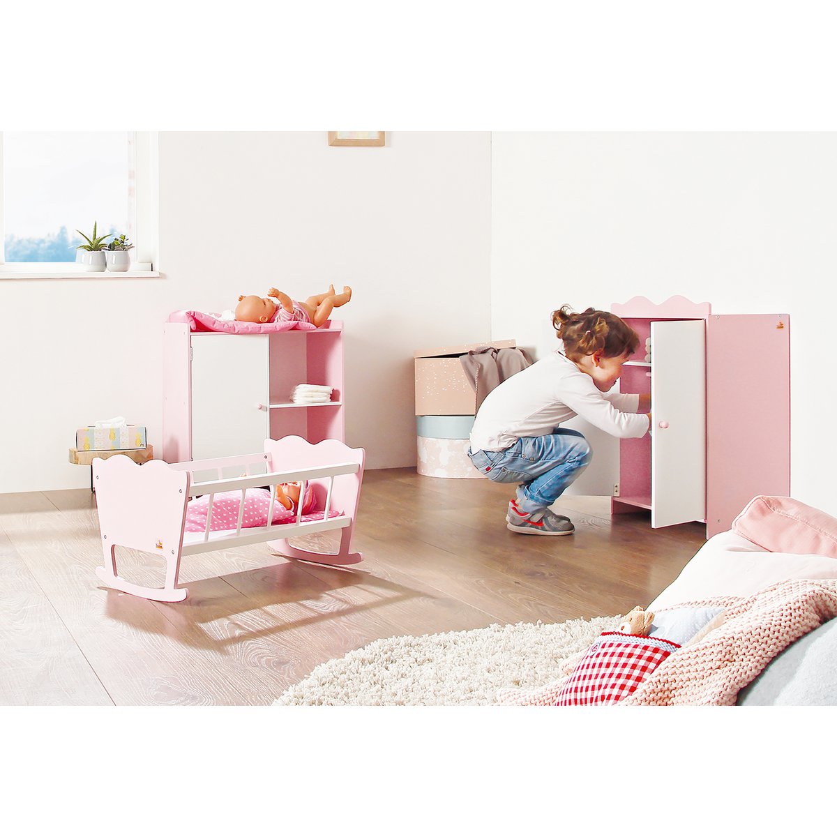 Poppenwieg “Jasmin” – Inclusief 3-delig Beddengoed, Roze/Wit | Pinolino®