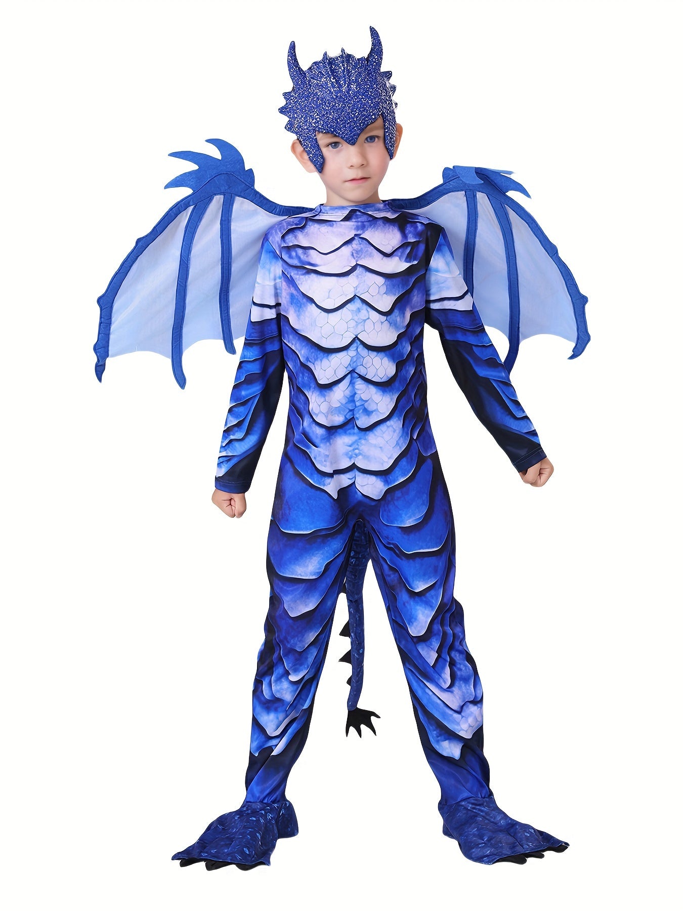 Blauw Draak Verkleedpak voor Kinderen – Jumpsuit met Vleugels, Staart & Hoofdstuk
