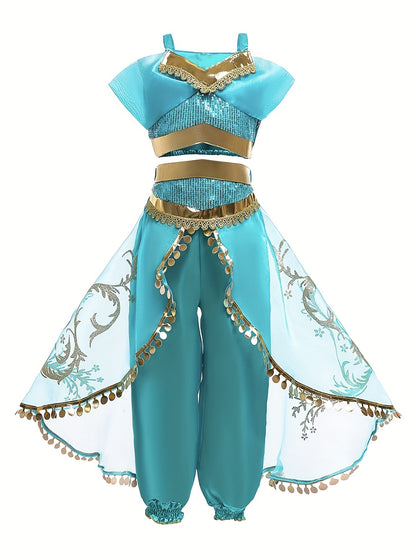 Meisjes Halloween Buikdans Prinsessenjurk – Korte Mouw met Bloemenpatroon & Pailletten