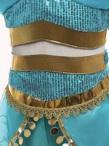 Meisjes Halloween Buikdans Prinsessenjurk – Korte Mouw met Bloemenpatroon & Pailletten