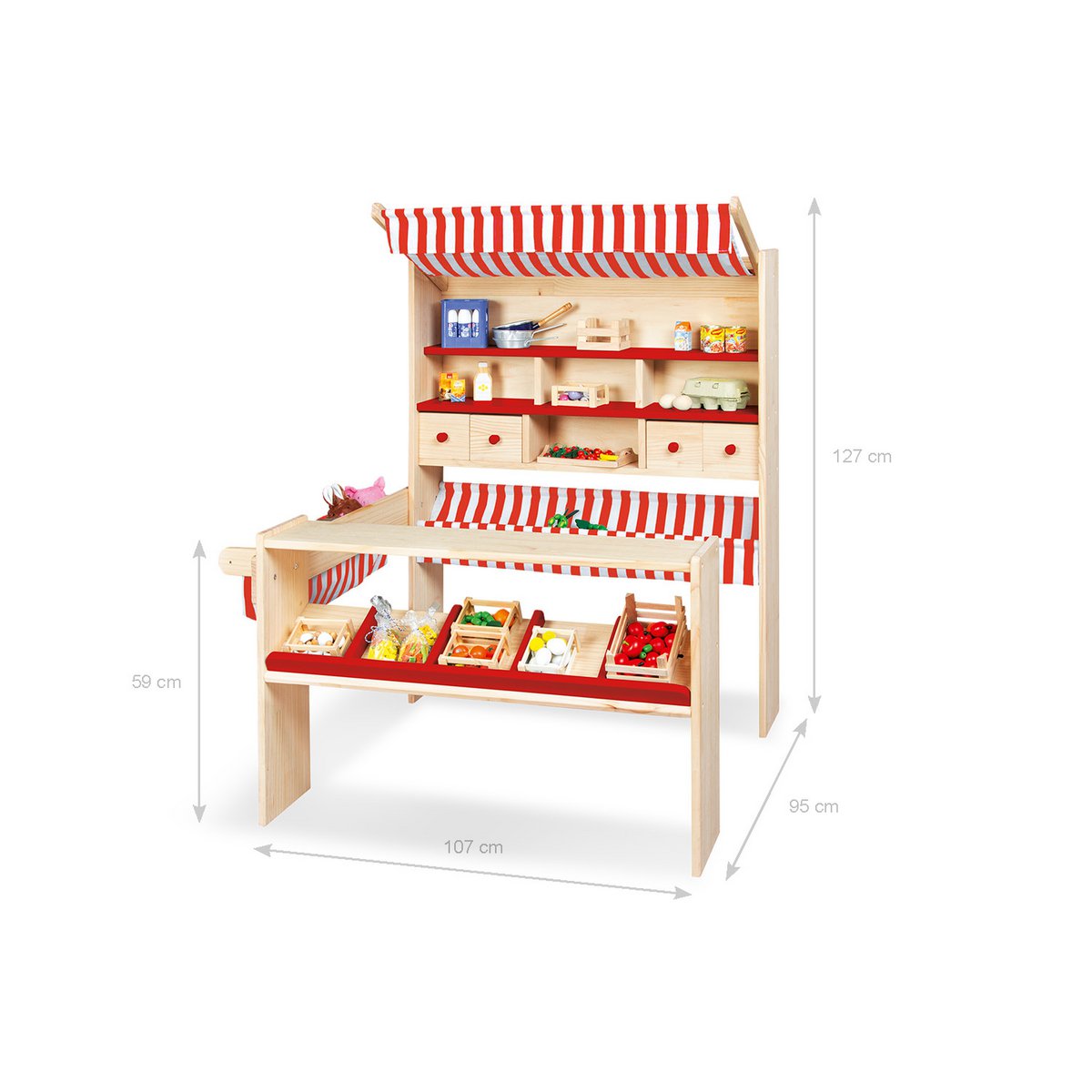 Pinolino Marktkraam “Lucy” – Houten Speelwinkel met Laden & Stoffen Dak | Rood/Wit