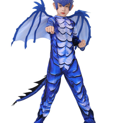 Blauw Draak Verkleedpak voor Kinderen – Jumpsuit met Vleugels, Staart & Hoofdstuk