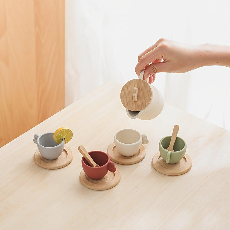 Houten Theeset met Mini Siliconen Kopjes & Pot
