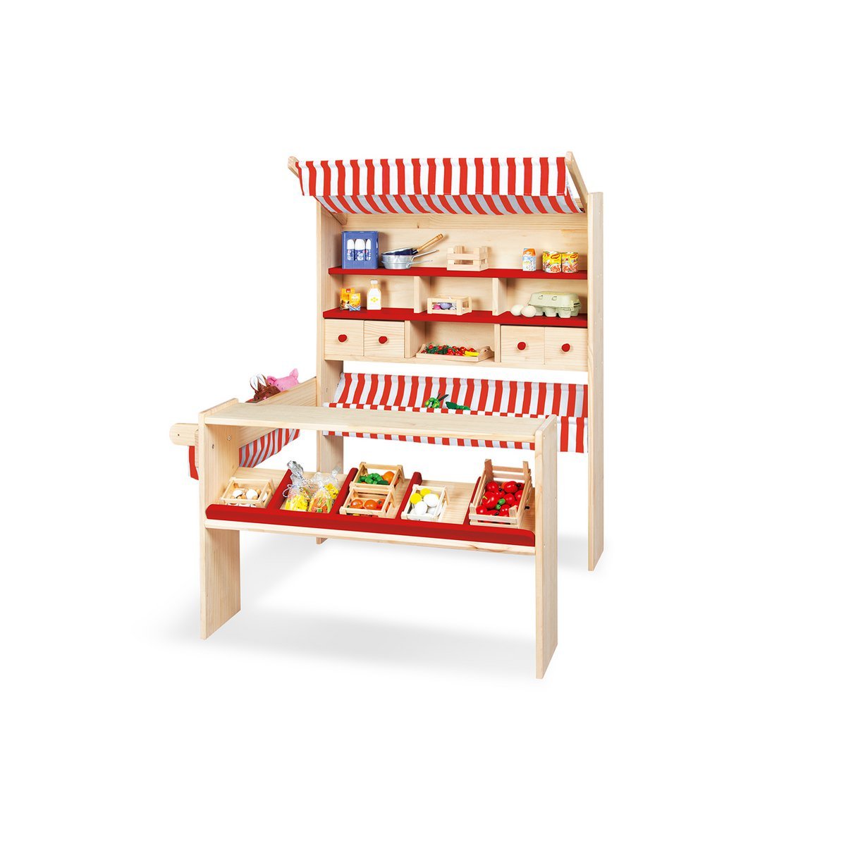 Pinolino Marktkraam “Lucy” – Houten Speelwinkel met Laden & Stoffen Dak | Rood/Wit